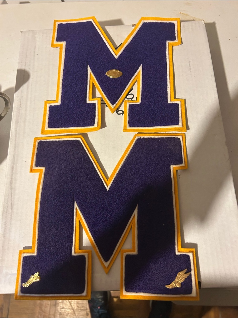 Purple & Gold Letter M Felt Patches - Men Accessories varsity emblem with pins